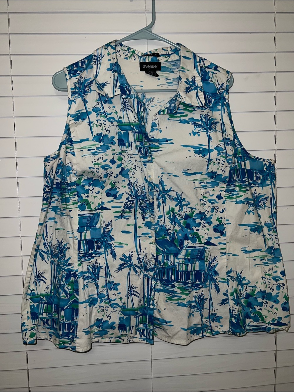 Avenue White Tropical Print Sleeveless Top with Blue & Green Accents